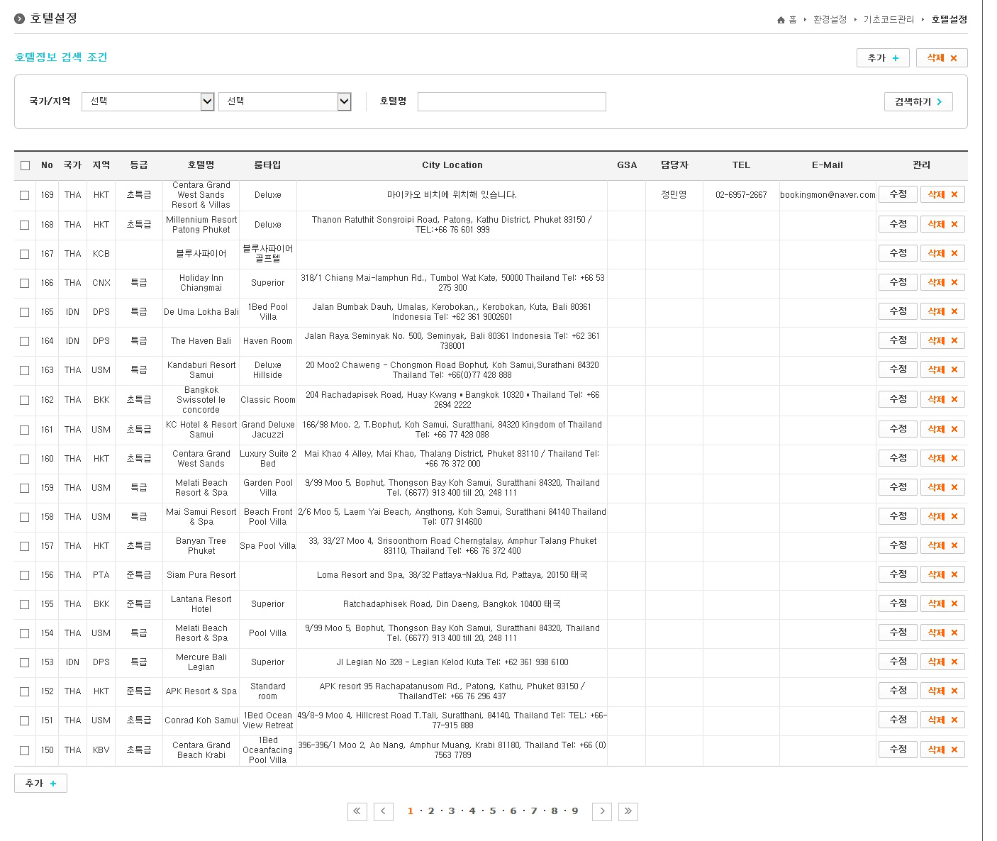 호텔설정리스트